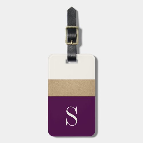 Modern Monogram Purple Gold Striped  Luggage Tag