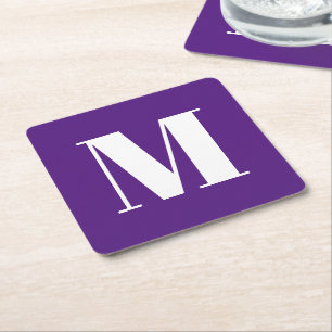 Modern monogram purple white custom initial letter square paper coaster
