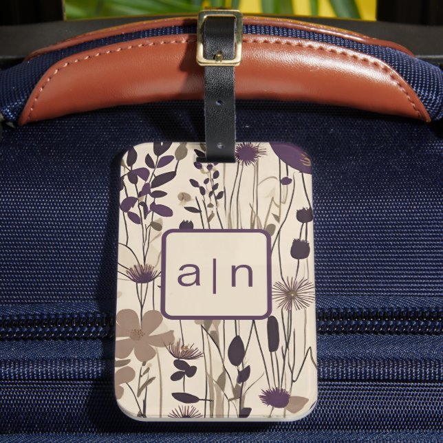 Modern Monogram Purple Wildflowers Luggage Tag (Front Insitu 2)
