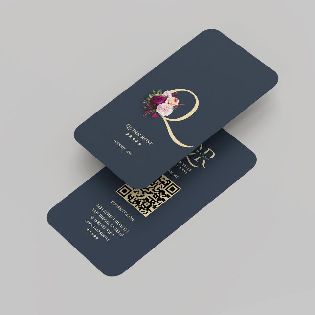 Modern Monogram Q Floral Dark Blue Gold  Business Card (Modern Monogram Q Floral Dark Blue Gold Business Card
)