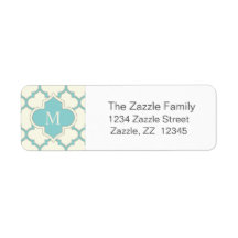 Modern Monogram Quatrefoil Pattern Ivory Turquoise