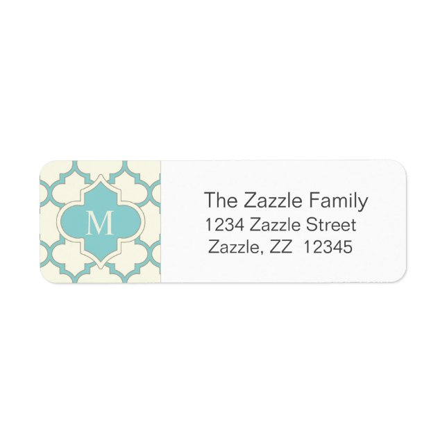 Modern Monogram Quatrefoil Pattern Ivory Turquoise Label (Front)