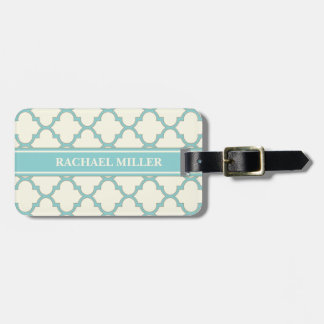 Modern Monogram Quatrefoil Pattern Ivory Turquoise Luggage Tag