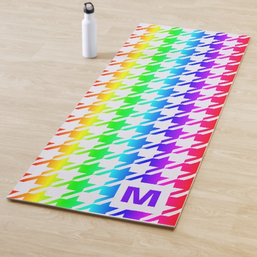 Modern Monogram Rainbow Ombre Houndstooth Pattern Yoga Mat
