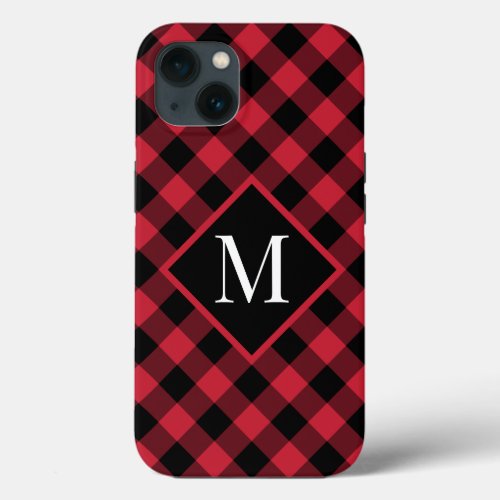 Modern Monogram Red Black Buffalo Check Pattern iPhone 13 Case