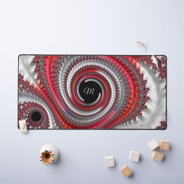 Modern Monogram Red Black Spiral Fractal Desk Mat (Kids Table)