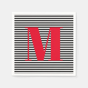 Modern monogram red black white stripes initial napkins