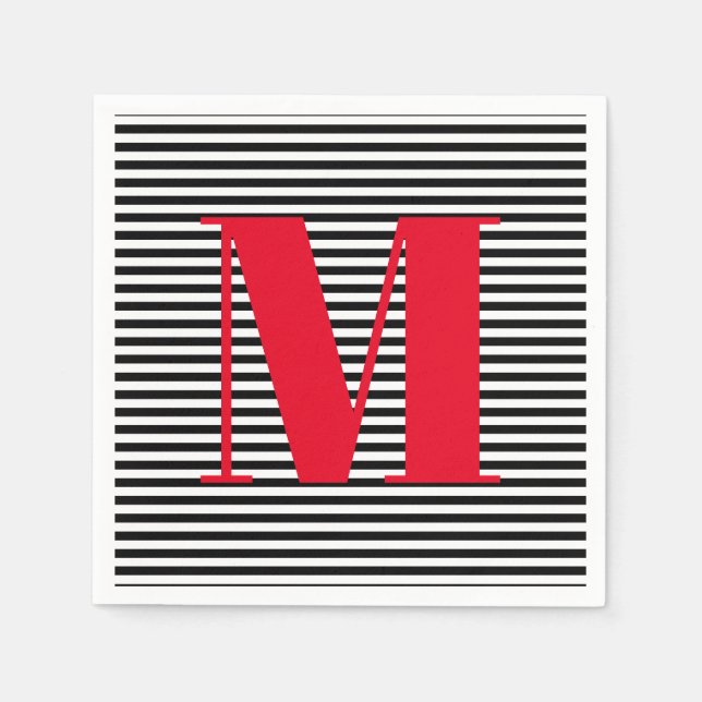 Modern monogram red black white stripes initial napkins (Front)