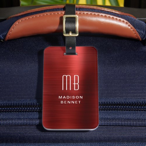 Modern Monogram Red Brushed Metal Luggage Tag