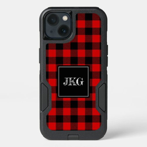 Modern Monogram Red Buffalo Plaid Check  iPhone 13 Case