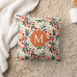 Modern Monogram Red Christmas Holly Berries Throw Pillow