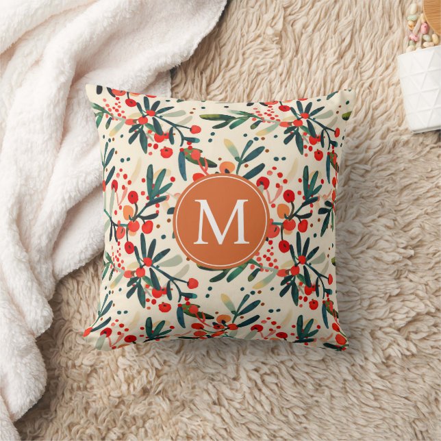 Modern Monogram Red Christmas Holly Berries Throw Pillow (Blanket)