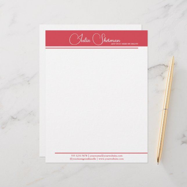 Modern Monogram Red Feminine Minimalist Script Letterhead (Front/Back In Situ)