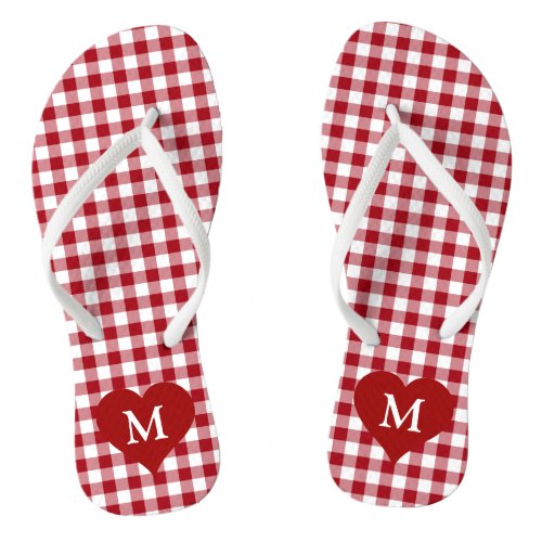 Modern Monogram Red Gingham Check Flip Flops