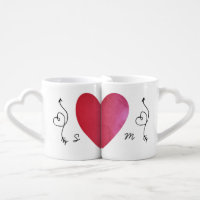 Modern Monogram Red Heart Newlyweds Wedding Coffee Mug Set