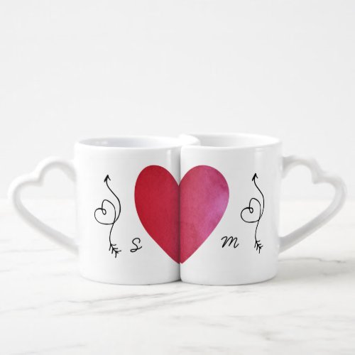 Modern Monogram Red Heart Newlyweds Wedding Coffee Mug Set