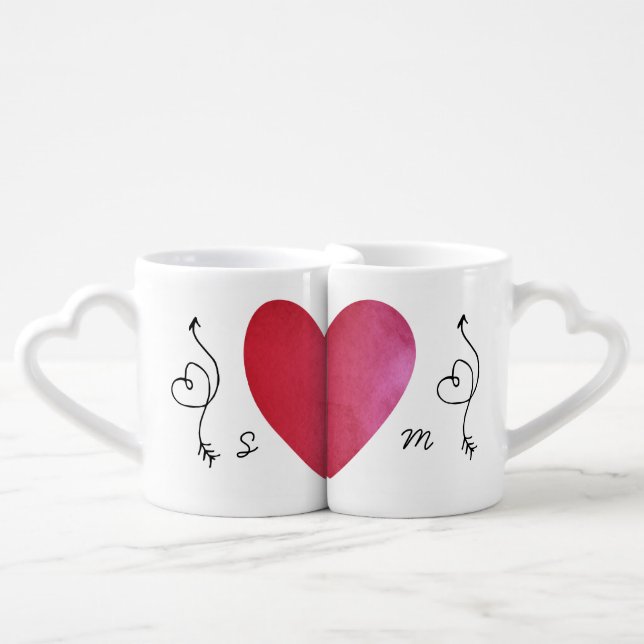 Modern Monogram Red Heart Newlyweds Wedding Coffee Mug Set (Front Nesting)