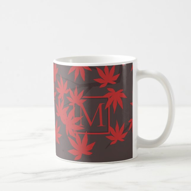 Modern Monogram Red Maple Leaf Grey Coffee Mug (Right)
