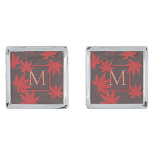 Modern Monogram Red Maple Leaf Grey Cufflinks