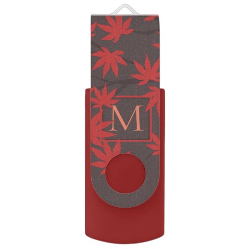 Modern Monogram Red Maple Leaf Grey Flash Drive