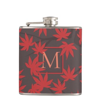 Modern Monogram Red Maple Leaf Grey Flask by LouiseBDesigns at Zazzle