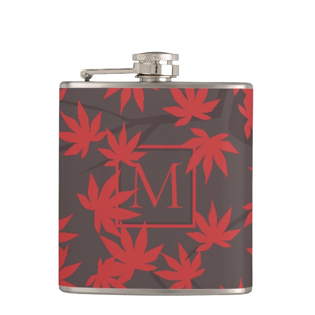 Modern Monogram Red Maple Leaf Grey Flask (Front)