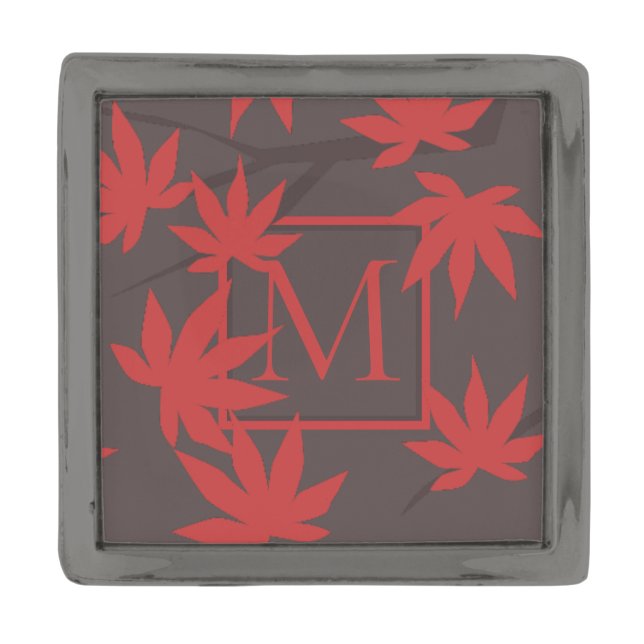 Modern Monogram Red Maple Leaf Grey Gunmetal Finish Lapel Pin (Front)