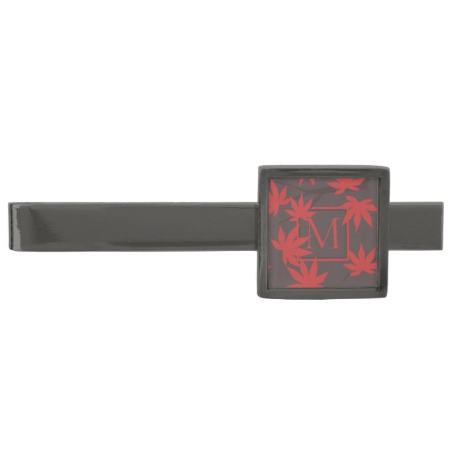 Modern Monogram Red Maple Leaf Grey Gunmetal Finish Tie Bar (Front)