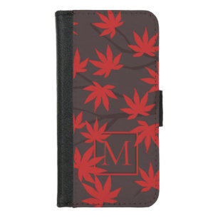 Modern Monogram Red Maple Leaf Grey iPhone 8/7 Wallet Case