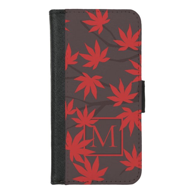 Modern Monogram Red Maple Leaf Grey iPhone Wallet Case (Front)