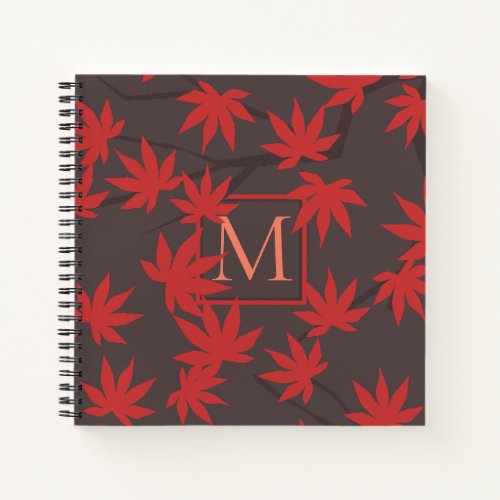 Modern Monogram Red Maple Leaf Grey Notebook