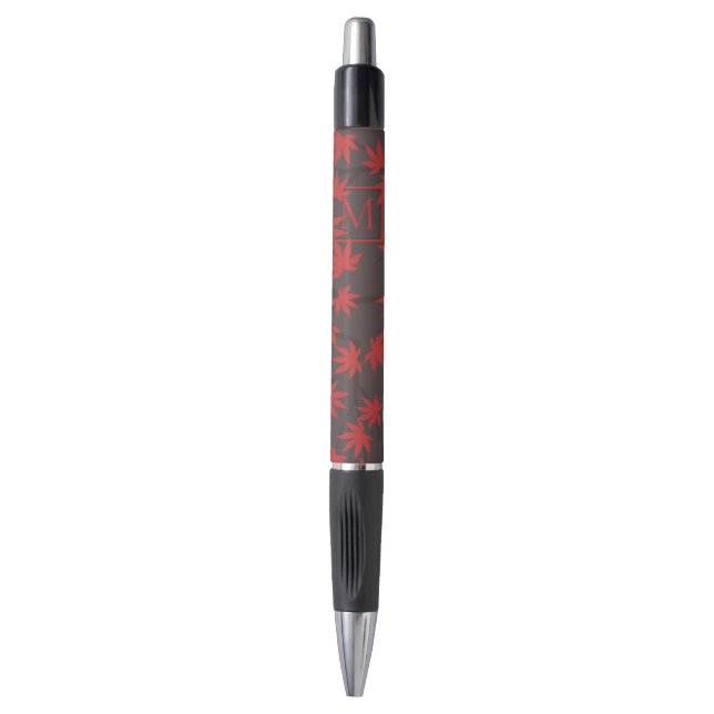 Modern Monogram Red Maple Leaf Grey Pen (Front Vertical)