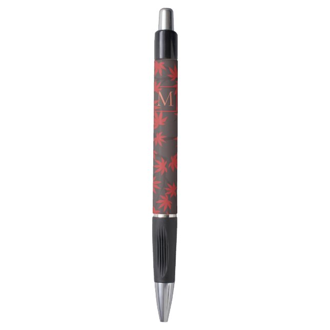 Modern Monogram Red Maple Leaf Grey Pen (Front Vertical)