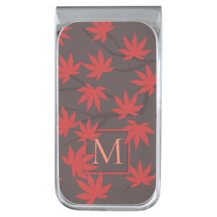 Modern Monogram Red Maple Leaf Grey Silver Finish Money Clip