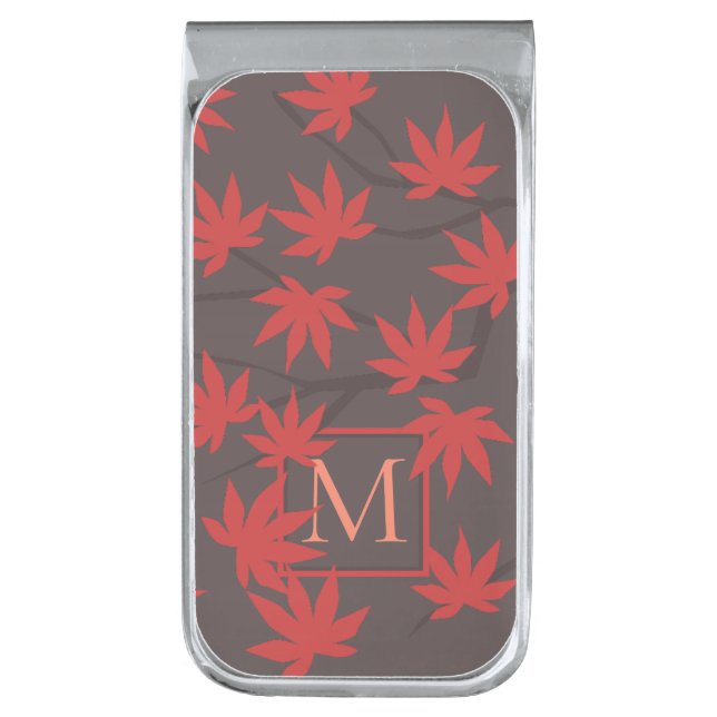 Modern Monogram Red Maple Leaf Grey Silver Finish Money Clip (Front Vertical)