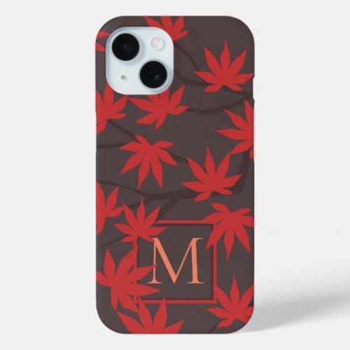 Modern Monogram Red Maple Leaf Grey Stylish iPhone 15 Case