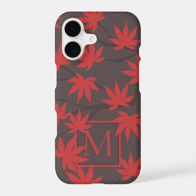 Modern Monogram Red Maple Leaf Grey Stylish Iphone Case (Back)