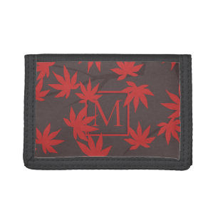 Modern Monogram Red Maple Leaf Grey Trifold Wallet