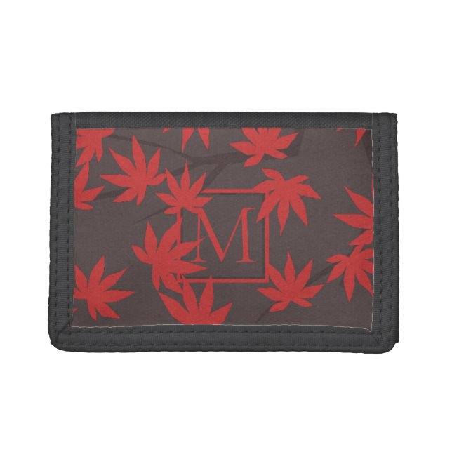 Modern Monogram Red Maple Leaf Grey Trifold Wallet (Front)