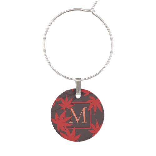 Modern Monogram Red Maple Leaf Grey Wine Charm
