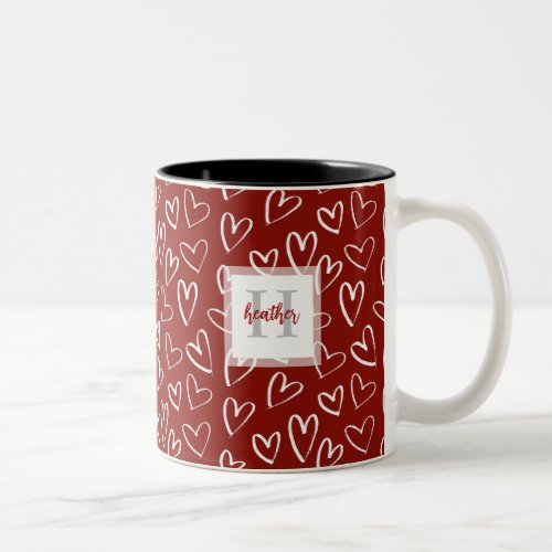 Modern Monogram Red Valentine Heart Pattern Two_Tone Coffee Mug