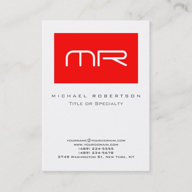 Modern Monogram Red White Clean Business Card (Front)