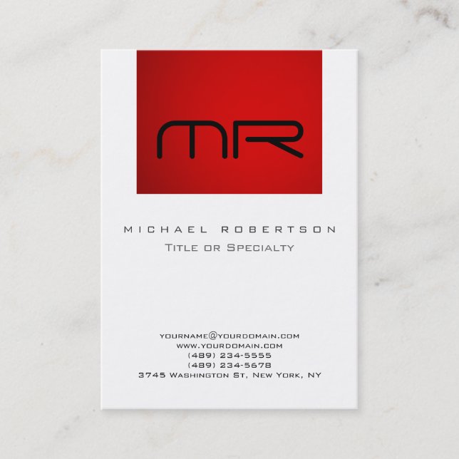 Modern Monogram Red White Clean Business Card (Front)