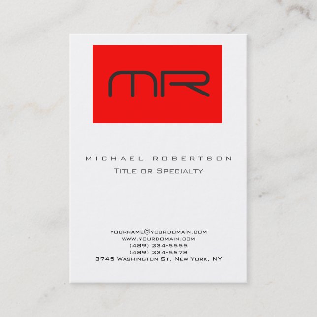 Modern Monogram Red White Clean Business Card (Front)