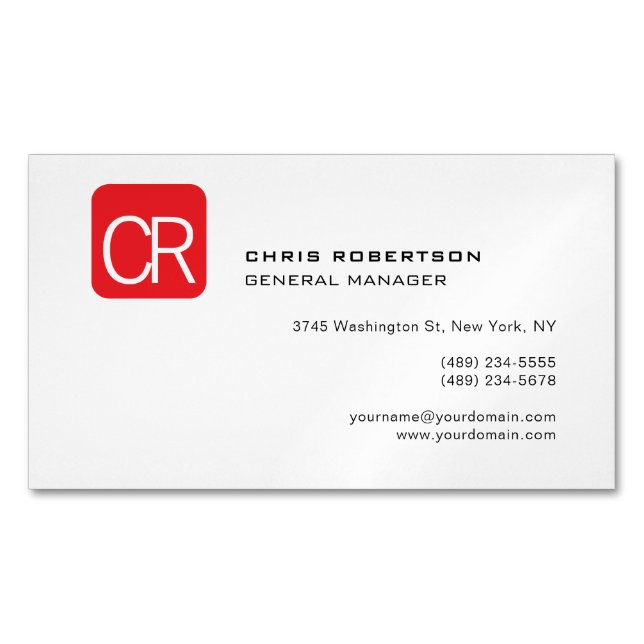 Modern Monogram Red White Professional Plain Business Card Magnet (Front)
