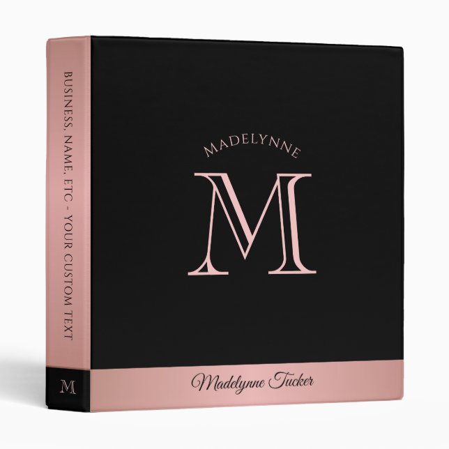 Modern Monogram Rose Gold Black Office School 3 Ring Binder (Front/Spine)