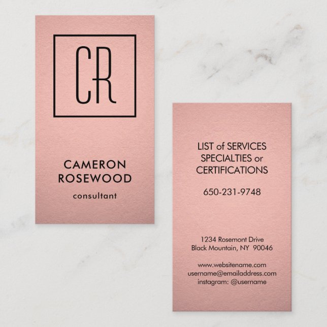 Modern Monogram Rose Gold Faux Foil Pink Vertical Business Card (Front/Back)