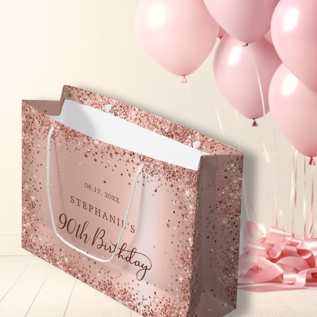 Modern Monogram Rose Gold Glitter 90th Birthday Large Gift Bag (Creator Uploaded)