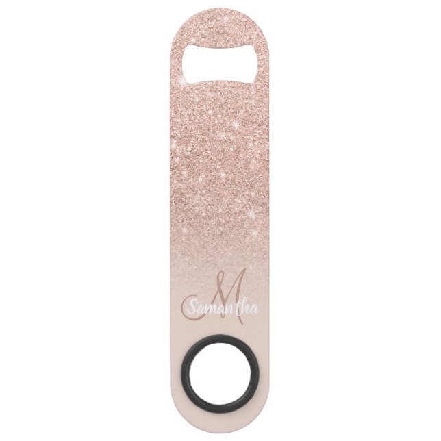 Modern monogram rose gold glitter ombre blush pink bar key (Front)