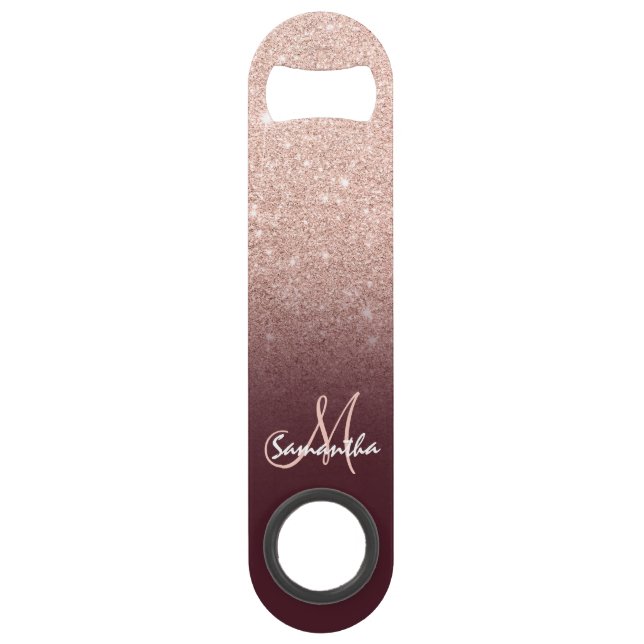Modern monogram rose gold glitter ombre burgundy bar key (Front)